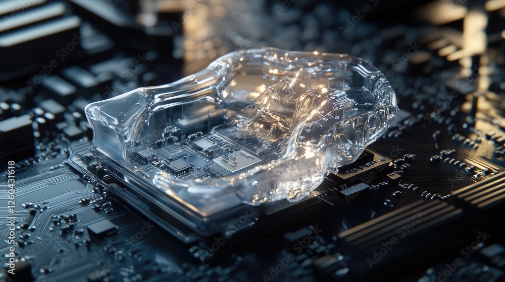 Poster futuristic 3d illustration of a smart chip on a motherboard, with circuits extending outward, creati