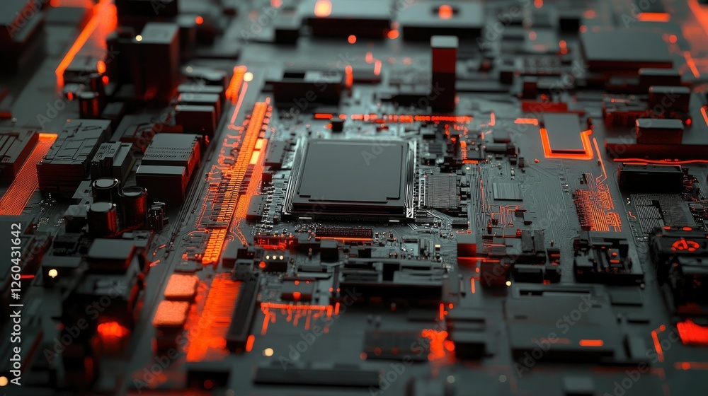 Poster futuristic 3d illustration of a smart chip on a motherboard, with circuits extending outward, creati