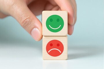 Wooden blocks with happy and sad face icons held by a hand on a light blue background. Concept of emotions, customer satisfaction, and positive mindset. Ai generative
