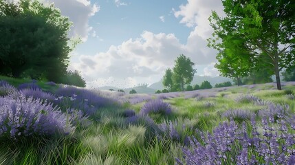 Obraz premium A meadow is a serene, open grassland filled with vibrant wildflowers, lush green grasses, and softly rolling hills. Often bordered by trees, it offers a peaceful retreat for wildlife like butterflies,