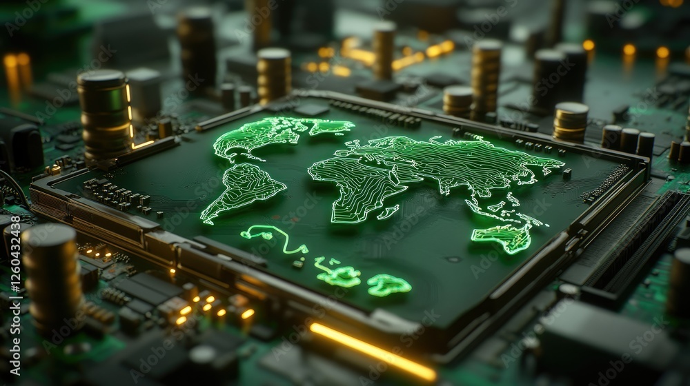 Poster high-tech 3d rendering of a motherboard's central chip, with electronic pathways creating a luminous