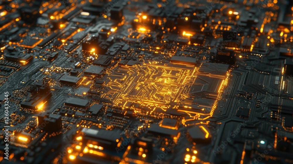 Poster high-tech 3d rendering of a motherboard's central chip, with electronic pathways creating a luminous