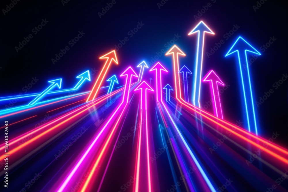 Poster neon glowing arrows moving upward on a dark background, creating a creative futuristic design concep