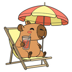Cute cartoon capybara sitting in sun lounger under an umbrella and relaxing with drink in a glass