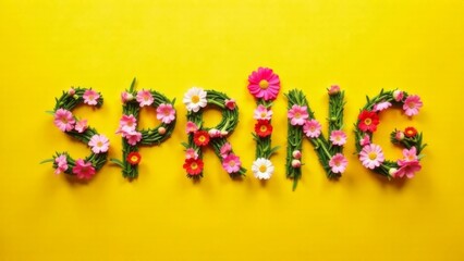 floral typography spelling spring with green leaves and colorful blossoms on a bright yellow background, concept of seasonal renewal, nature branding, eco-friendly marketing