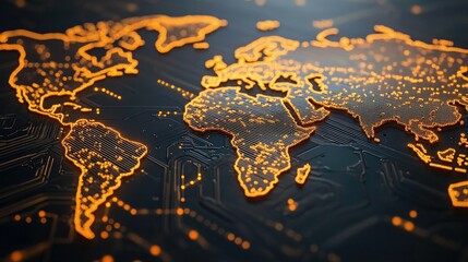High-tech 3D rendering of a smart motherboard chip, with electronic pathways creating a glowing map of the continents