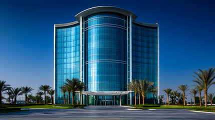 Obraz premium Blue clean glass wall of modern skyscraper, glass buildings with cloudy blue sky background 