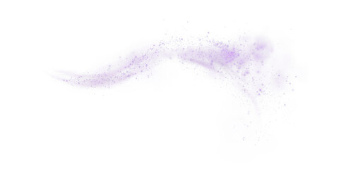 Fantastic purple smoke background. Magic purple smoke with glitter and small particles of twinkling stars. Fog with luminous particles. Purple vapor with stardust. Morning fog over land or water. PNG.