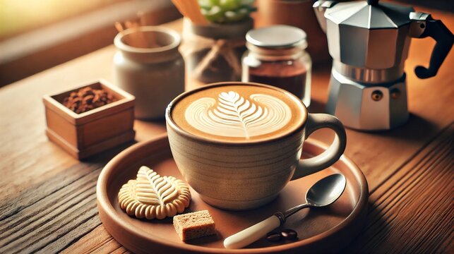 Creamy cappuccino with intricate latte art, served with a cookie on a wooden table with rustic decor