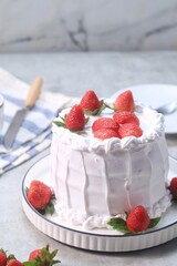 Strawberry cake, vanilla sponge cake with cream and fresh strawberries. Summer cake.
