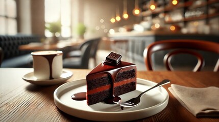 Decadent chocolate cake slice with glossy ganache topping, served in a cozy café setting