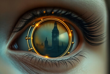A surreal close-up of a human eye with a golden porthole instead of a pupil, reflecting a misty cityscape. 
