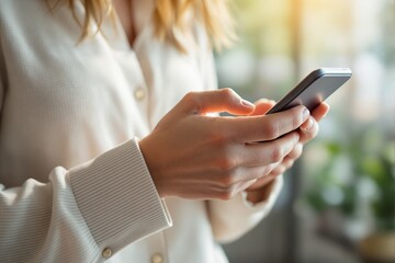 Close-up of woman's hands holding smartphone, wearing white blouse, with blurred green background. Concept of communication and technology. Ai generative