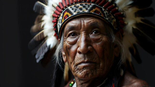Elderly Native American Man in Traditional Headdress Profile View. National Day of the Indigenous People in Chile