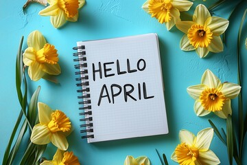 Hello April. text on white notepad paper on blue background. near notepad with yellow flowers and green leaves