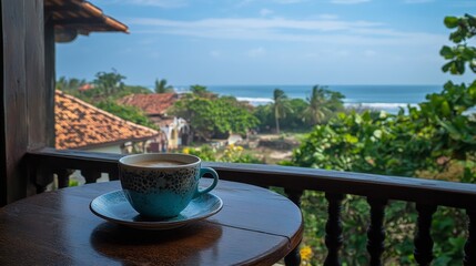 Sipping a cup of coffee on the balcony, overlooking the tropical beauty of Galle, Sri Lanka.