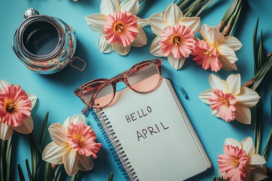 Hello April. text on white notepad paper on blue background. near notepad with yellow flowers and green leaves