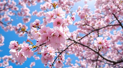 Obraz premium Delicate Pink Cherry Blossoms Against a Clear Blue Sky.