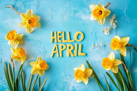 Hello April. text on white notepad paper on blue background. near notepad with yellow flowers and green leaves