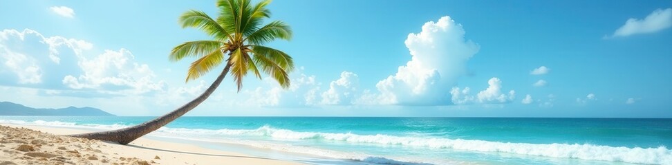 Fototapeta premium Lone palm tree leans over tranquil ocean waves, sandy beach , landscape, serene