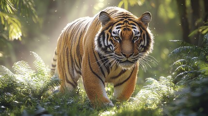 Majestic Tiger Walking Through Lush Green Forest