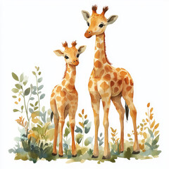 Obraz premium Adorable baby giraffe and mother in watercolor style