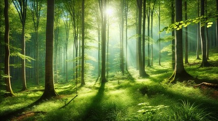 A serene green forest with tall trees and sun rays filtering through the foliage, creating a peaceful and natural atmosphere.