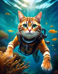 サンゴ礁を探検するスキューバダイバー猫