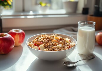 Fresh and Healthy Breakfast with Granola, Apples, and Milk in a Bright Kitchen Setting with Sunlight Streaming Through Windows
