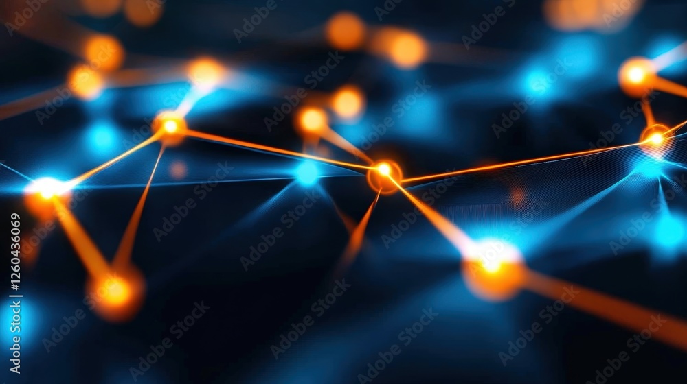 Poster an abstract representation of technology networks, showcasing interconnected nodes with glowing blue