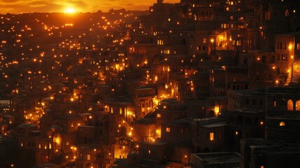 Fototapeta premium The ancient city of Mardin in Turkey glows beautifully at sunset.