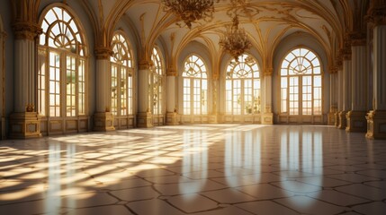 Fototapeta premium A Stunning Large Empty Ballroom with Luxurious Architectural Details and Golden Accents Bathed in Warm Natural Light, Grand Hall of a Gilded Palace