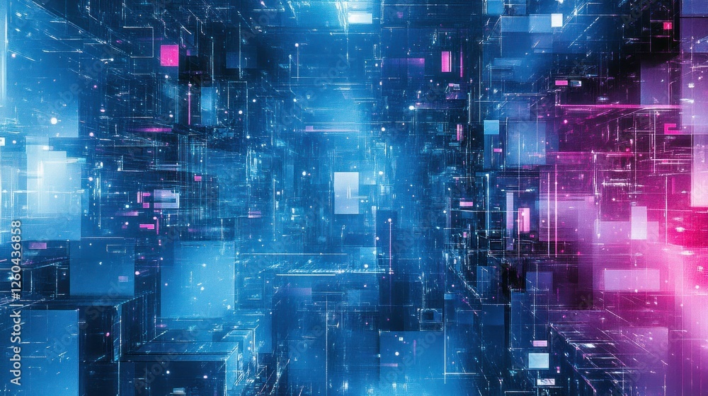 Poster abstract digital landscape with glowing cubes and vibrant colors representing data flow and technolo