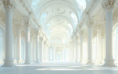 Sunlit grand hall with white columns and ornate ceiling.