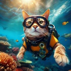 サンゴ礁を探検するスキューバダイバー猫
