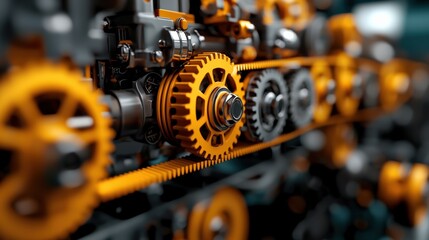 Fototapeta premium Close-up of orange gears in a mechanical assembly.