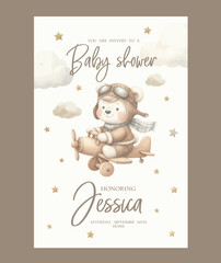 Watercolor invitation card for baby shower with a pilot bear on an airplane.