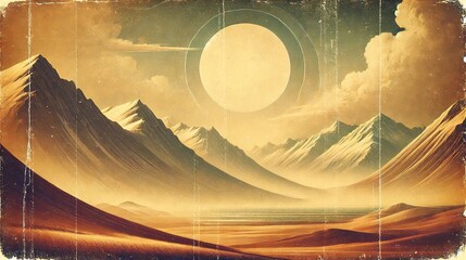 Retro vintage background featuring a fantasy mountain landscape with a large sun and textured aged effects