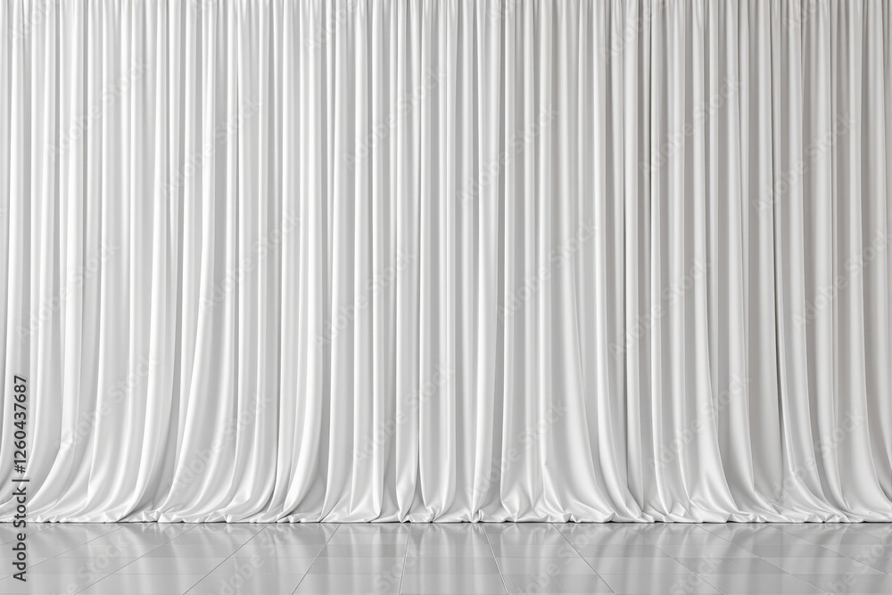 Poster luxurious white curtain with flowing folds on a reflective tiled floor, creating a sophisticated bac