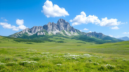 Fototapeta premium Majestic mountain peak, green valley, sunny day, scenic landscape