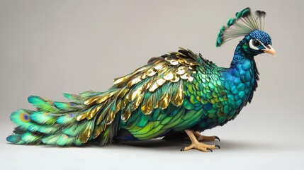 Obraz premium The Spalding Cameo Peacock is a beautiful breed known for its colorful feathers. It has shiny green, blue, and gold feathers.