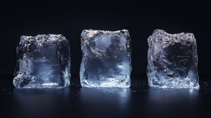 Obraz premium Three ice cubes on dark surface, studio shot, cold drink concept