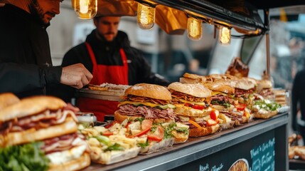 Gourmet sandwiches displayed in an outdoor market stall illuminated beautifully
