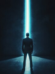 Obraz premium business, people, inspiration and inspiration concept - businessman looking at laser light ray over empty dark room background from back