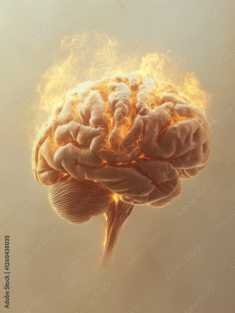 Poster a close-up of a brain with a warm golden glow and subtle fog in the background, cerebral structure, 