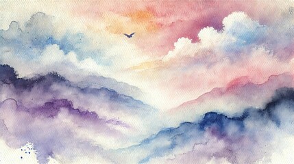  A high-resolution watercolor background with soft pastel tones, depicting a dreamy mountain landscape with mist and a flying bird