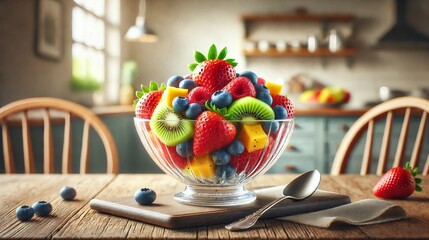 A fresh fruit salad with strawberries, blueberries, kiwi, and mango in a glass bowl, placed on a rustic wooden table in a cozy kitchen with natural light
