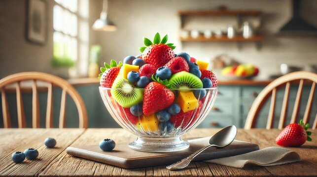 A fresh fruit salad with strawberries, blueberries, kiwi, and mango in a glass bowl, placed on a rustic wooden table in a cozy kitchen with natural light