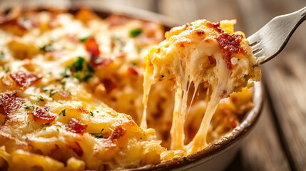 A close up of a fork lifting a bite of cheesy hash brown casserole, gooey cheese stretching in slow motion, isolated on a soft-focus wooden table