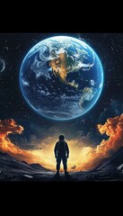 Obraz premium Astronaut Looking at Earth from the Moon, Concept of Space Exploration and Human Achievement